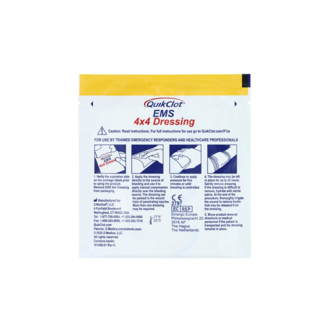 A sealed white and yellow package labeled QuikClot® EMS Hemostatic Gauze Dressing 4"x4" (Box of 10) features instructions and illustrations for use in emergency medical services and bleeding control.