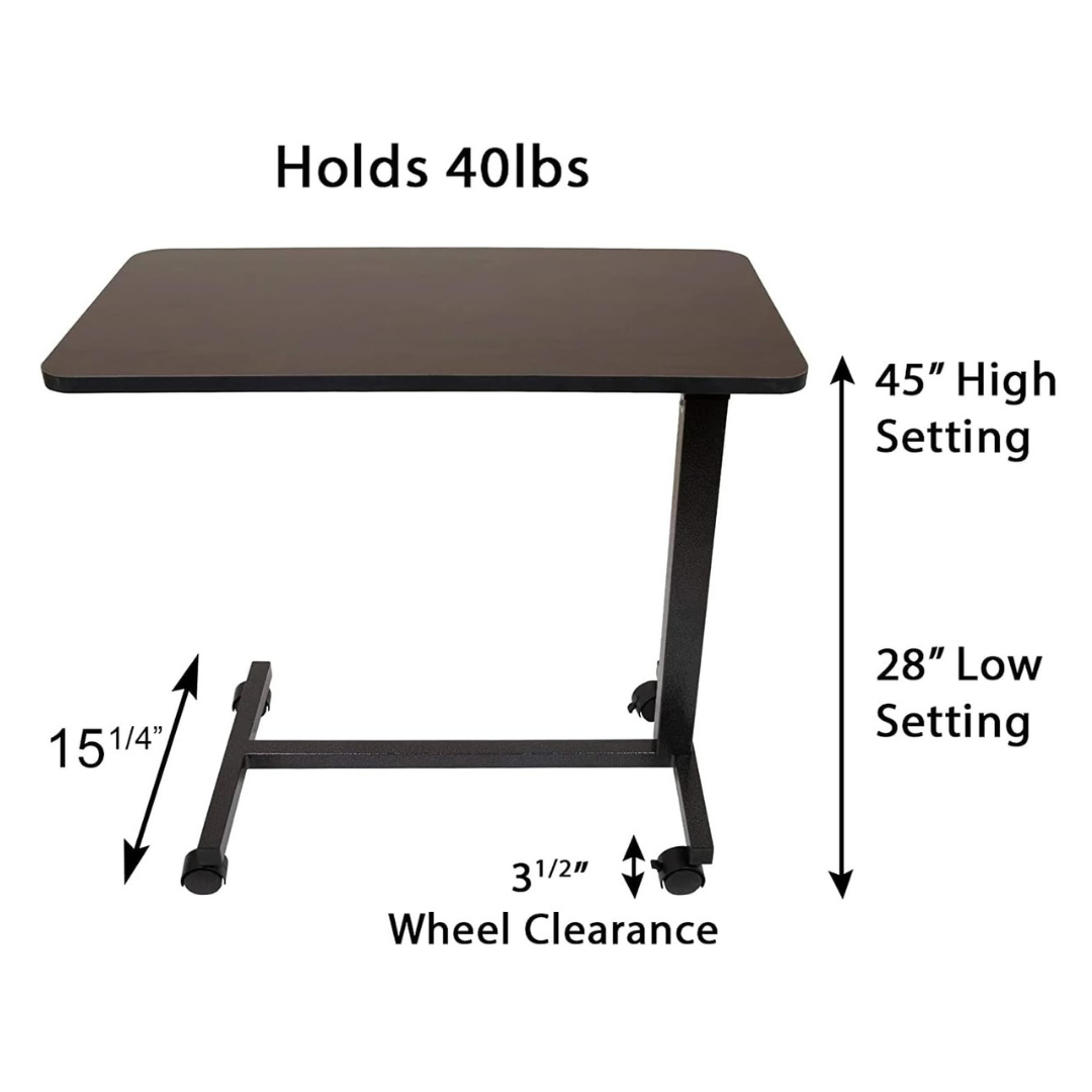 The Roscoe Rolling Overbed Table - Non-Tilting Bedside Table features a dark rectangular top, supports up to 40 lbs, adjusts from 28 to 45 high, with a 3.5 wheel clearance and a 15.25-wide bottom bar.