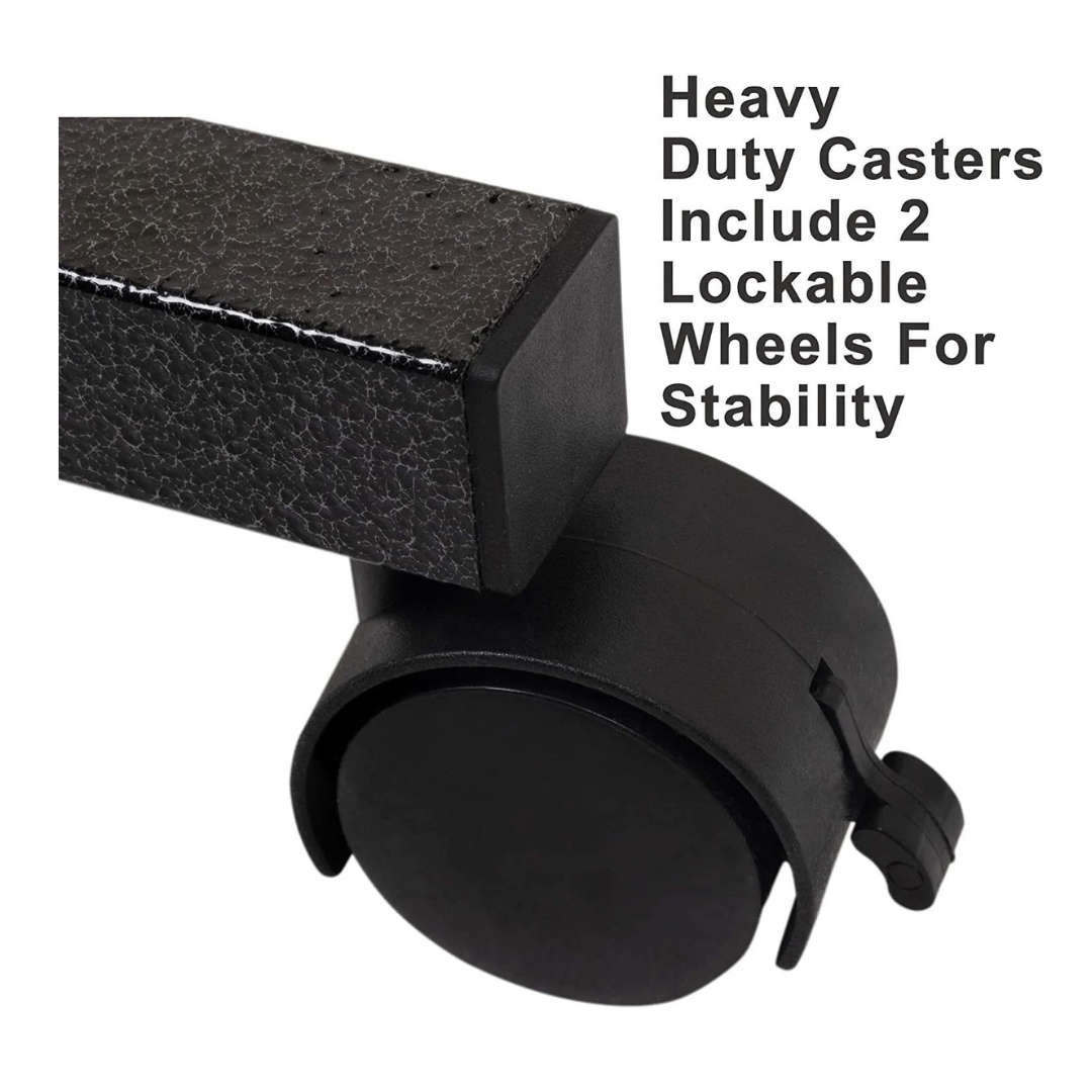 Close-up of a heavy-duty caster wheel on the Roscoe Rolling Overbed Table, showing a lock for stability. Includes 2 lockable casters—ideal for secure use as a non-tilting bedside table or rolling laptop desk.