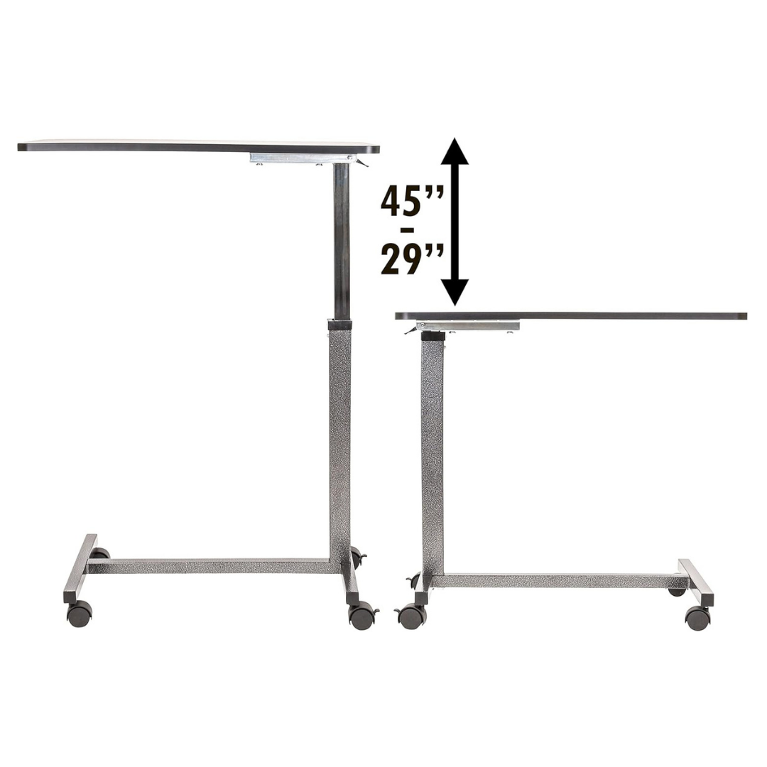 The Roscoe Rolling Overbed Table—non-tilting and adjustable—is displayed at two heights, 45 inches and 29 inches, side by side on wheels, with a double-headed arrow highlighting its height range.