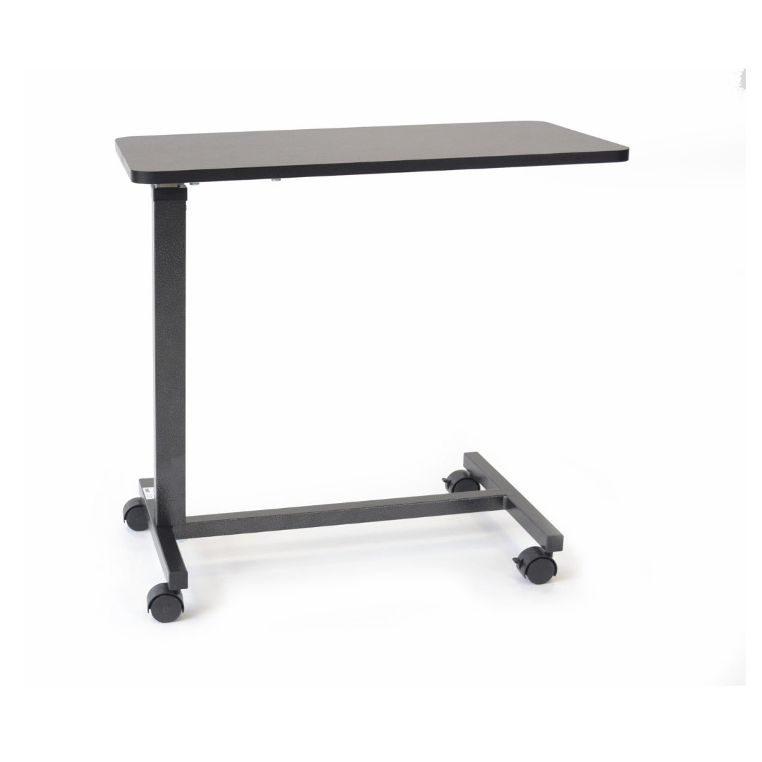 The Roscoe Rolling Overbed Table is a black, non-tilting bedside table with a rectangular top, C-shaped metal frame, four caster wheels for easy mobility, and adjustable height for customizable use.