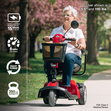 A smiling 56-year-old woman (190 lbs) rides the Rascal® Conquest 3-Wheel Mobility Scooter outdoors. She enjoys a 15-mile range, 6 mph top speed, tight turning radius, and up to a 350-lb capacity. Blurred trees fill the background.