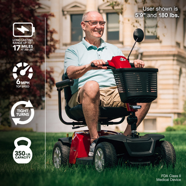 A smiling older man drives a red Rascal® Conquest 4-Wheel Mobility Scooter on grass. Features: up to 17-mile range, 6 mph top speed, tight turns, and 350-lb capacity. User shown is 5’9”, 180 lbs. FDA Class II Medical Device.