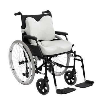 The iCare Reform Low Back Support offers targeted lumbar relief with its ergonomic, contoured light gray cushions for seat and back, ideal for black manual wheelchairs featuring large rear wheels, small front wheels, and adjustable footrests.