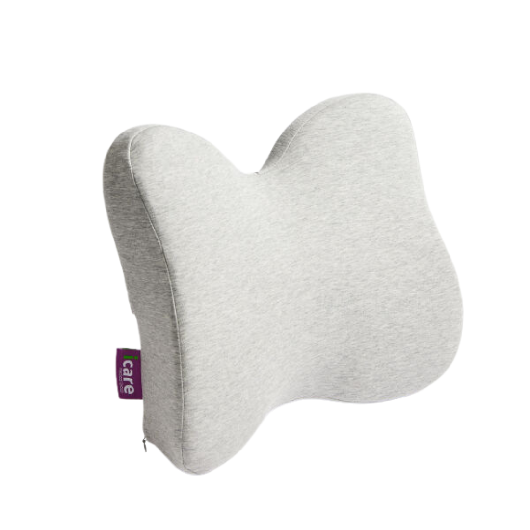 The iCare Reform Low Back Support features an ergonomically contoured, light grey memory foam design for targeted lumbar relief or neck support. A small purple tag labeled care is on the side. Background is white.