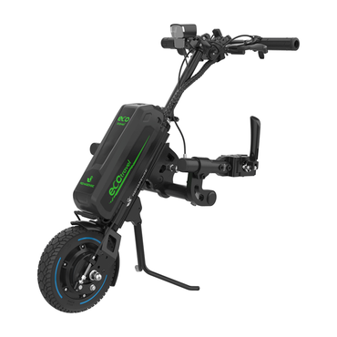 The Rehasense ECO Travel LX Power Add-On – Lightweight Wheelchair Motor Assist is a black and green device with handlebars, a large battery, and a single tire that converts a manual wheelchair into a motorized one.