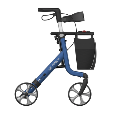 The Rehasense Spark LX Ultralight Rollator is a blue, lightweight aluminum walker with four large wheels, hand brakes, a black storage bag, and a foldable frame—ideal for daily mobility assistance.