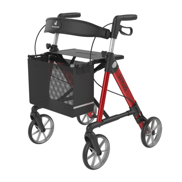The Rehasense Stylus Premium Indoor & Outdoor Rollator in red and black features four wheels, a mesh basket, hand brakes, and a padded seat—providing dependable mobility assistance for both indoor and outdoor use.