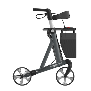 Side view of the Rehasense Varsity HD XL Bariatric Lightweight Rollator, featuring a durable aluminum frame, four large wheels, ergonomic handlebars with brake cables, and a convenient storage pouch attached to the frame.