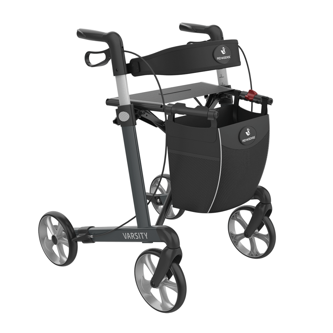 The Rehasense Varsity Folding Aluminum Rollator is a modern black and gray walker with four wheels, hand brakes, a storage bag, a seat, and features the Medline logo.