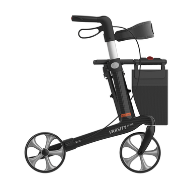 The Rehasense Varsity CF HD Bariatric Lightweight Rollator is a modern black walker with four large wheels, ergonomic handlebars, a storage bag, and "VARSITY CF HD" printed on the side.