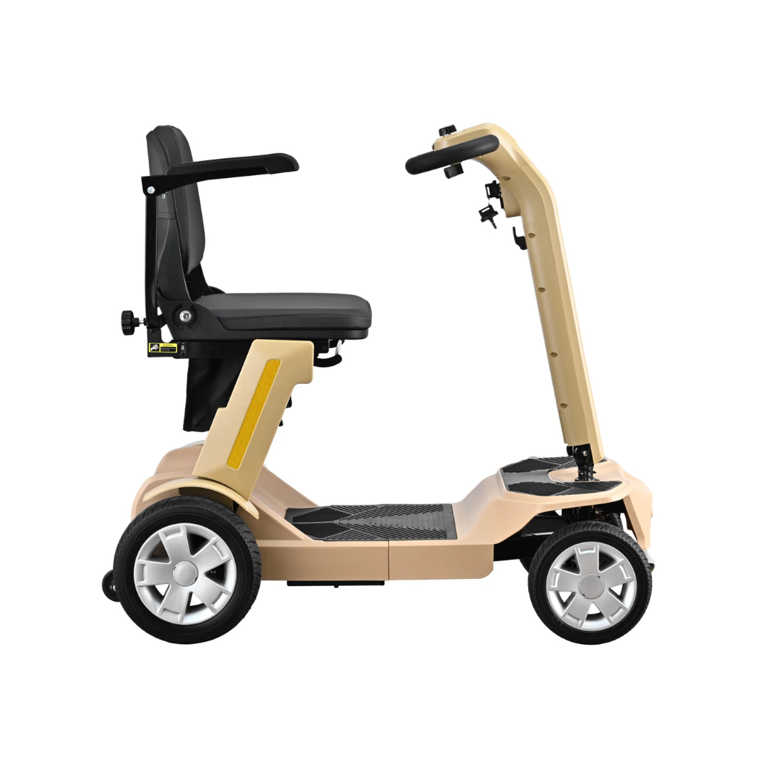 Side view of the Reyhee Flex Electric Folding Mobility Scooter in beige, featuring a black seat and armrest. It offers a foldable design for easy storage, puncture-free tires, four wheels for stability, a steering column, and a floorboard with footrests for user comfort and reliability.