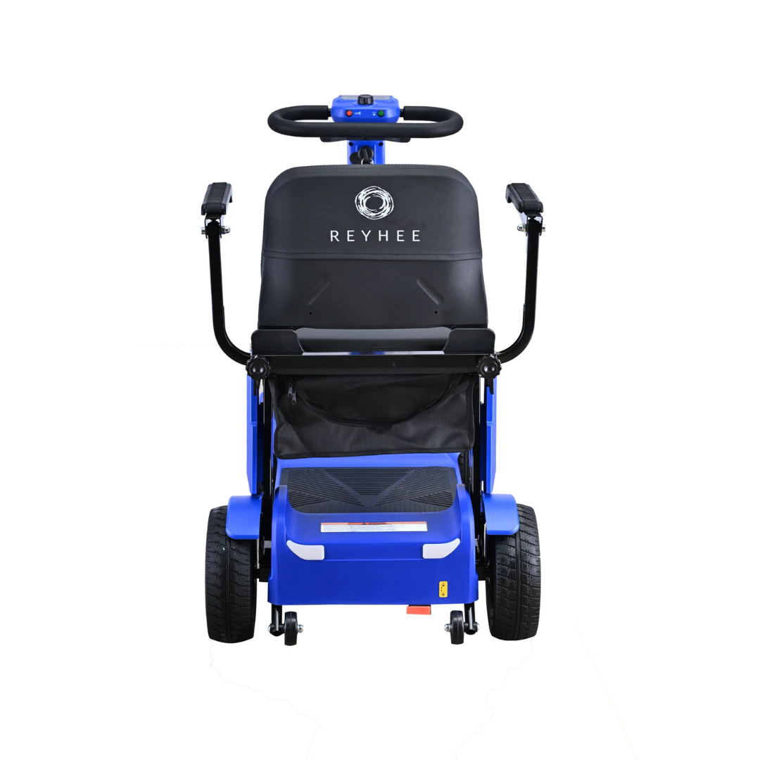 Front view of a blue Reyhee Flex Electric Folding Mobility Scooter with a padded black seat, armrests, REYHEE logo on the backrest. Features puncture-free tires, two large rear wheels, smaller front wheels, and a control panel on the right armrest for seamless mobility.