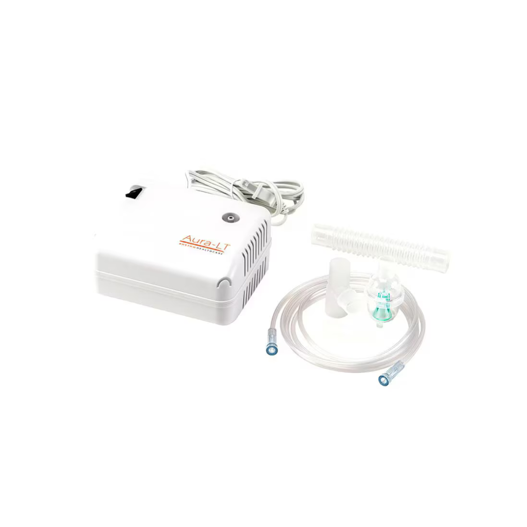 A white Aura LT nebulizer machine with accessories—ideal for use with the Rhythm Oxygen Concentrator Premium Bundle—displayed on a white background.