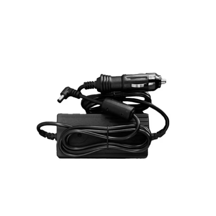 The Rhythm DC Power Adapter for P2, P2-E6, and P2-E7 portable oxygen concentrators features a sleek black design with a coiled cable and cigarette lighter plug, sitting elegantly on the surface.