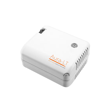 The Rhythm Aura-LT Aerosol Machine w/ Disposable Nebulizer Kit is a compact, white device with ventilation slits, power switch, and circular port—perfect for use with your nebulizer kit on any plain surface.