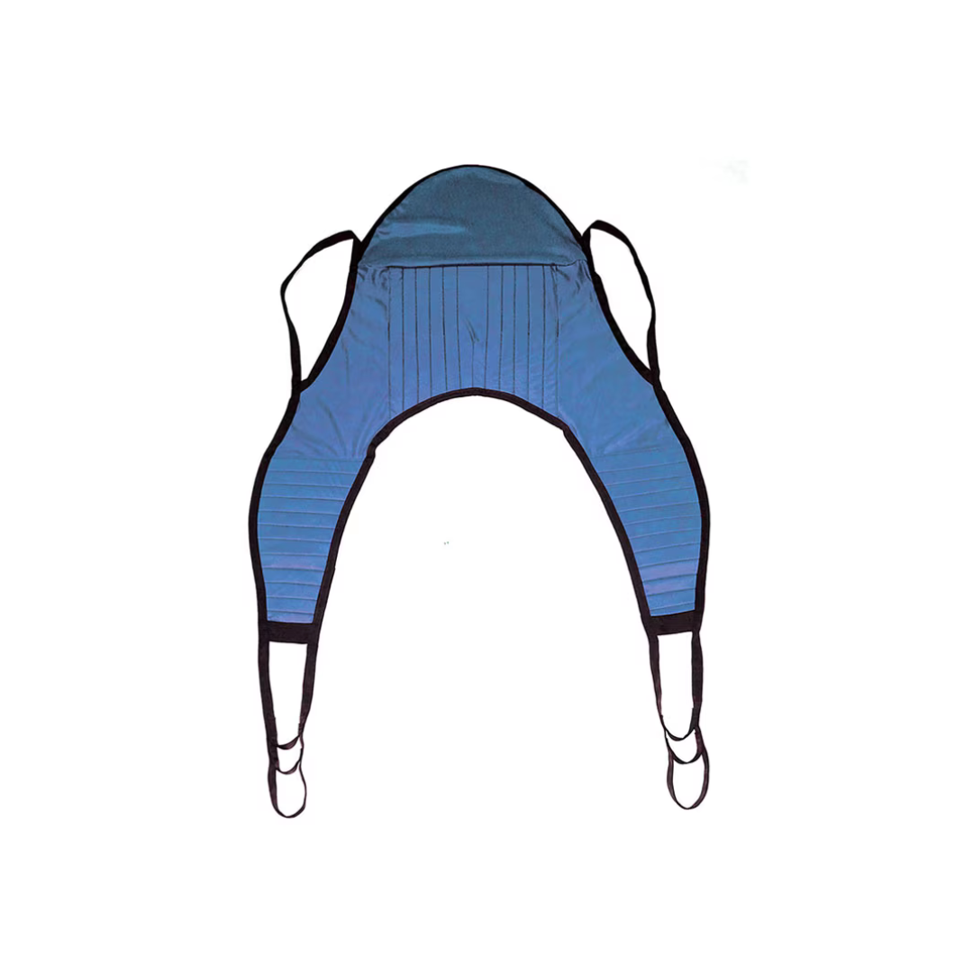 The Rhythm Slings For Patient Lifts, shown flat on a white background, is a blue sling with black trim, two leg supports, and four lift attachment loops. Detailed specifications and warranty information are included.