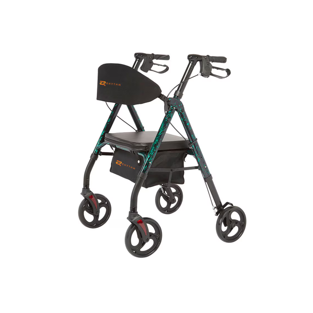 The Rhythm Royal Deluxe Universal 4-Wheel Rollator - Open Box features 8” wheels, locking loop brakes, a black seat, storage bag, and a black frame with green accents. Angled handlebars provide comfortable mobility support.