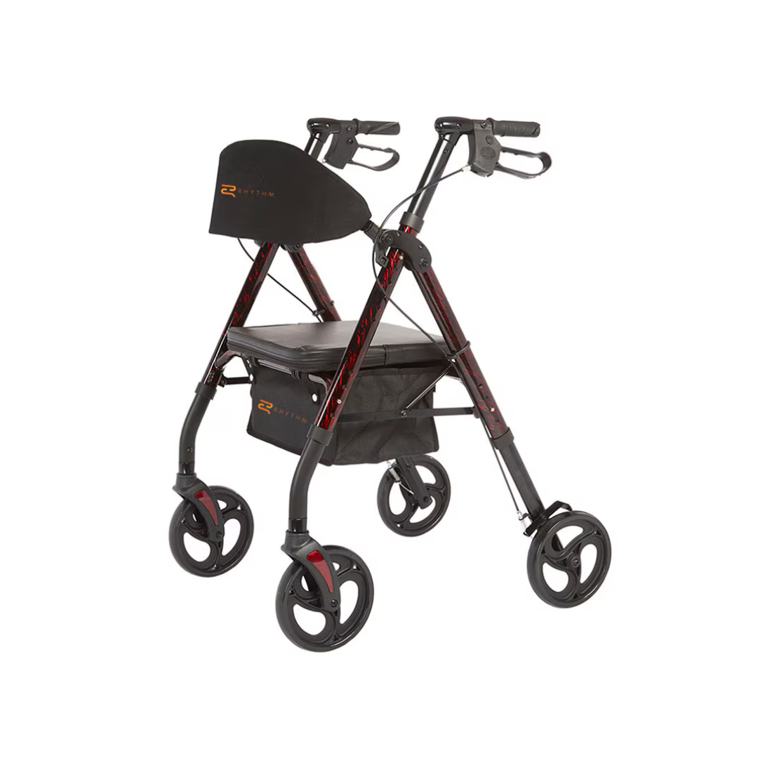 The Rhythm Royal Deluxe Universal Aluminum 4 Wheel Rollator, shown in black and red with curved handles, hand brakes, an adjustable seat, underseat storage pouch, and sturdy aluminum frame, is photographed on a white background.