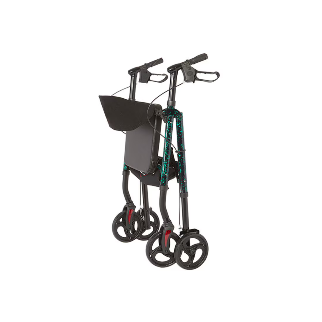 The Rhythm Royal Deluxe Universal 4-Wheel Rollator - Open Box is a lightweight aluminum walker with 8” wheels, locking loop brakes, and a storage pouch, shown upright in a folded position.