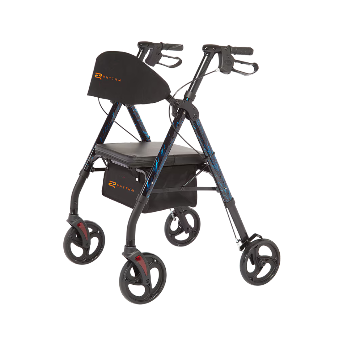 The Rhythm Royal Deluxe Universal Aluminum 4 Wheel Rollator in black and blue features ergonomic handles with brakes, a padded seat, backrest, and convenient storage bag beneath the seat.