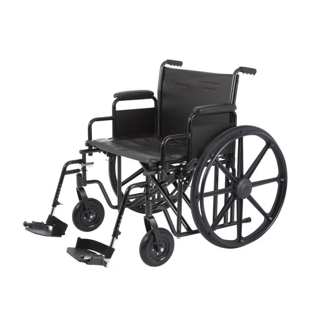 The Rhythm Array HD K7 Chair features a durable carbon steel frame, large rear wheels with smaller front ones, footrests, desk-length detachable armrests, and height-adjustable casters for comfort. Its foldable design allows for easy transport and storage.