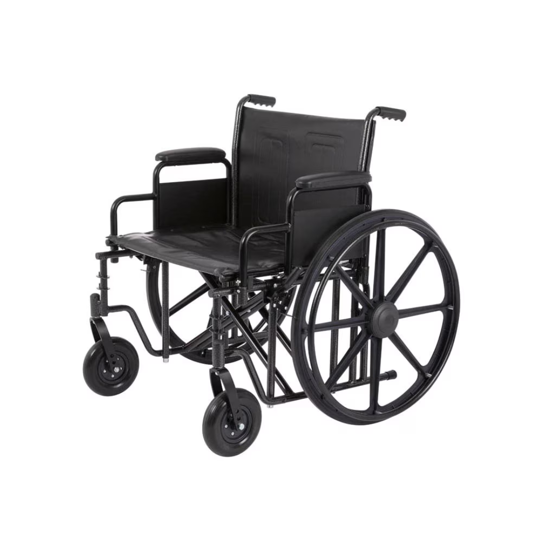 Presenting the Rhythm Array HD K7 Chair: a sleek black manual wheelchair with a robust carbon steel frame. It includes large rear wheels, smaller front wheels with height-adjustable casters, detachable armrests, and a padded seat for comfort. The design emphasizes functionality and ease of use.