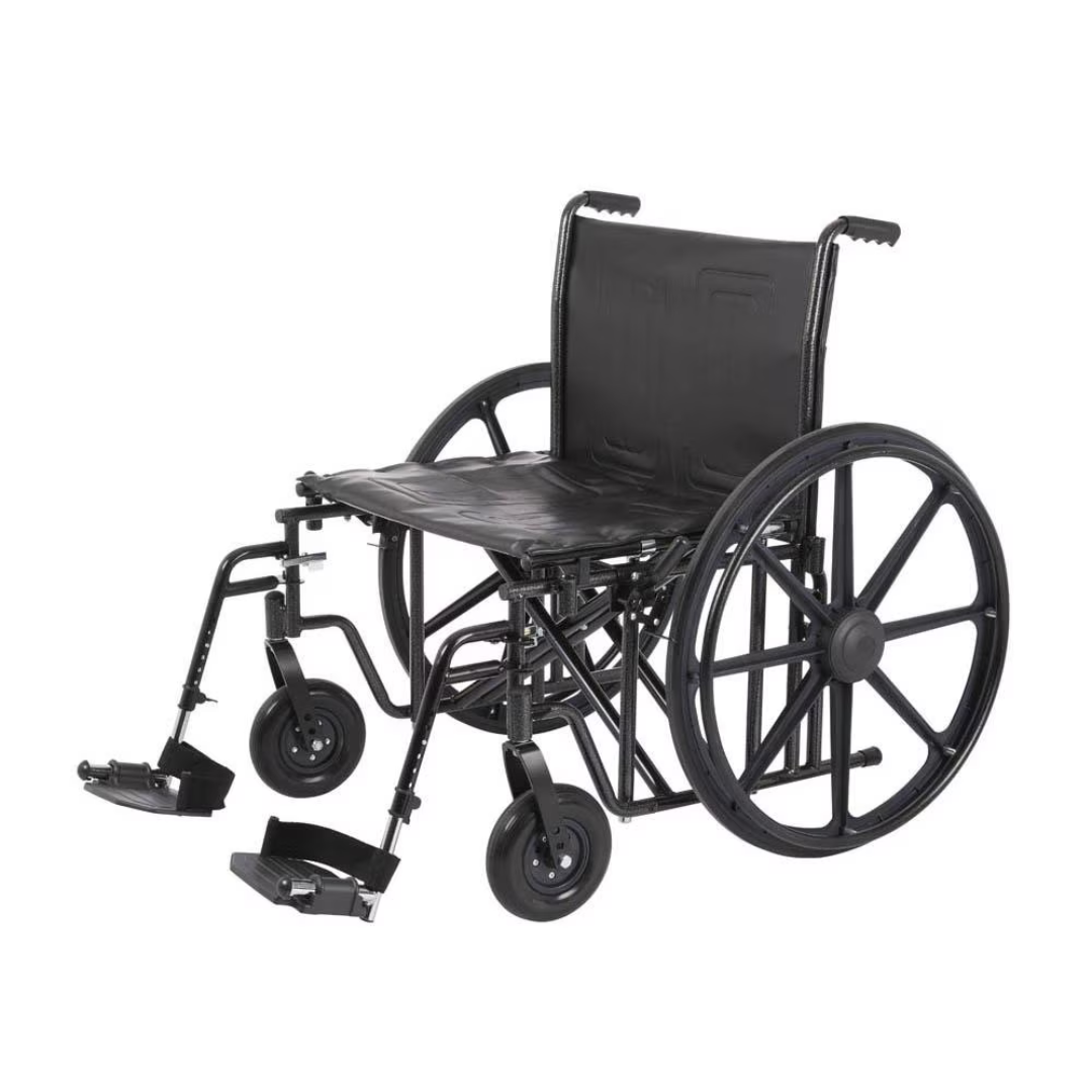 The Rhythm Array HD K7 Chair features a strong carbon steel frame with large rear wheels and small front wheels for mobility, along with detachable desk-length armrests, footrests, a fabric seat, and adjustable height casters. Angled views showcase its sleek design.