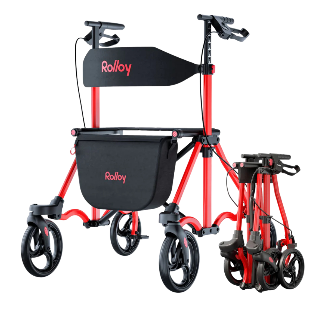 The Rolloy Ultra Compact Master Rollator Walker, in bright red with four wheels, black seat, storage bag, and ergonomic handles, is shown fully open and compactly folded for easy transport.