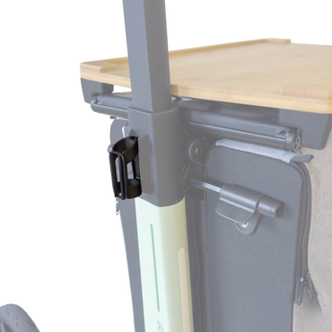 Close-up of the latch securing the Cane Holder for the Rollz Air Rollator to the frame, with the wooden top and a portion of the zippered fabric compartment also visible.
