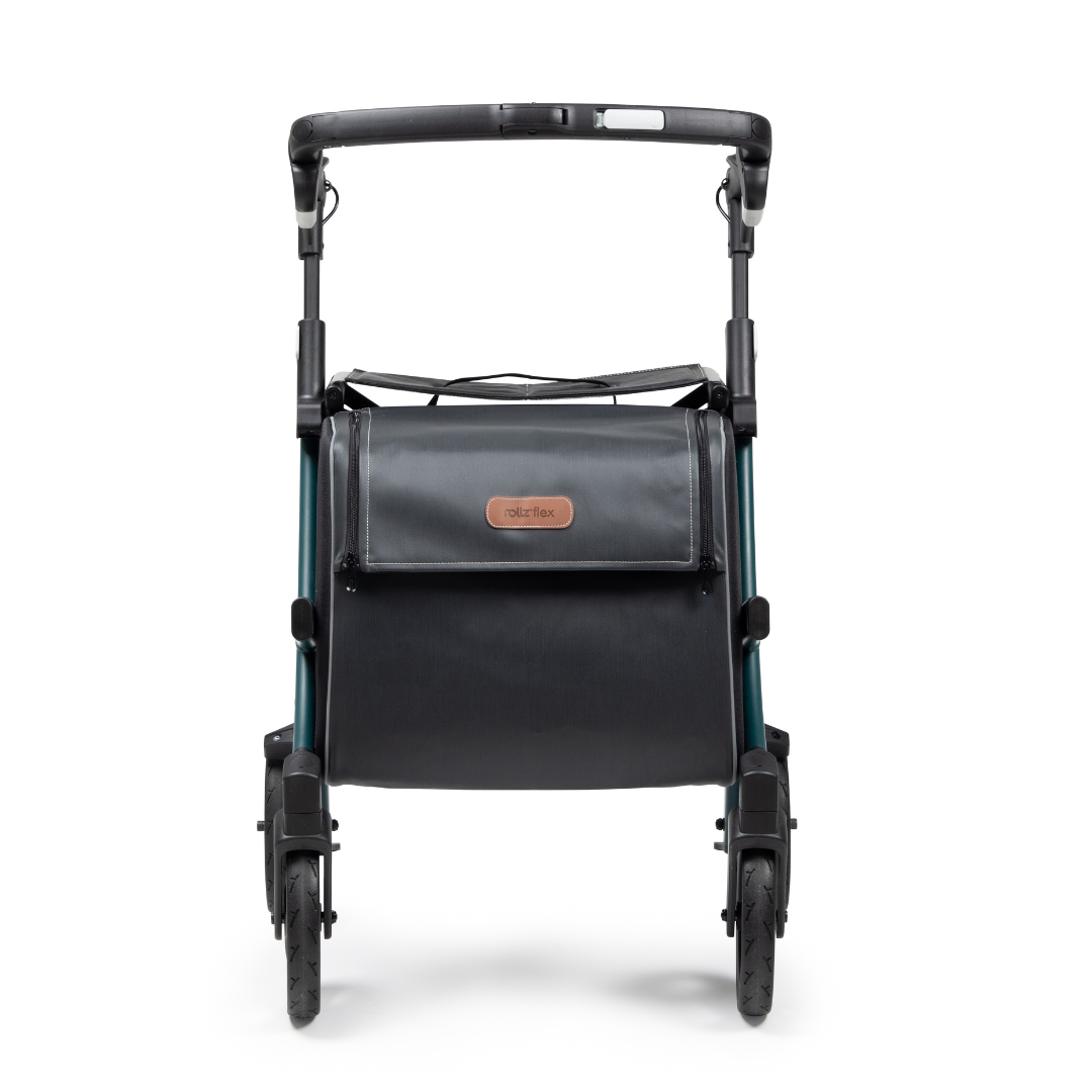 The Rollz FLEX 2 is a stylish, black and teal folding stroller seen from behind, featuring an XL storage compartment with a flap, four wheels, and a handlebar. This lightweight rollator walker is compact and modern, combining convenience with style.