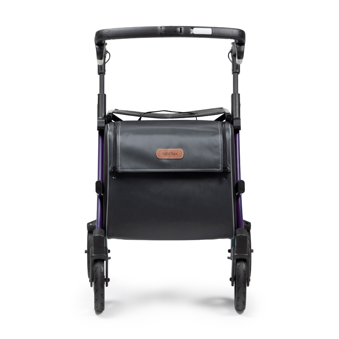 The Rollz FLEX 2 Lightweight Rollator Walker features a compact design with foldable handles, an XL storage bag on the front, and larger front wheels for enhanced mobility assistance.