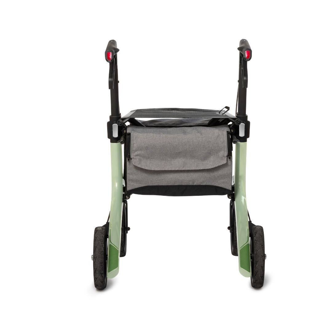 The Rollz Air Lightweight Folding Carbon Rollator (10.4 lbs), shown from the back on a white background, features four wheels, black handles, and a gray storage pouch between the rear legs.
