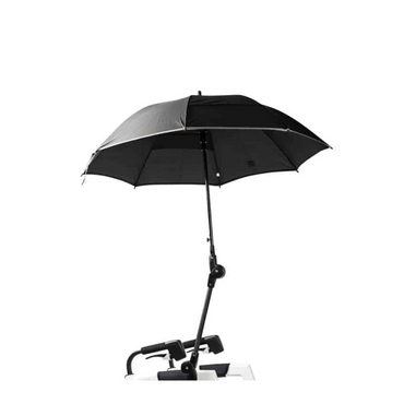 The Rollz Motion Rollator Accessories feature a black umbrella with an adjustable arm for optimal shading when attached to a stroller handle. Its design and functionality are highlighted against a plain white background, making it perfect for any travel cover or Rollz Motion Rollator setup.