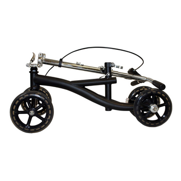 The Roscoe Portable Lightweight Rolling Knee Walker features a black and silver folding frame with three large wheels, shown folded for easy storage or transport. Its compact design resembles a collapsible cart or scooter.