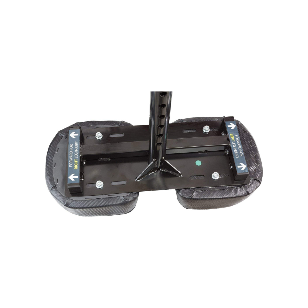 Close-up of the black metal base of the Roscoe Portable Lightweight Rolling Knee Walker with two sandbags for stability. The base features bolts and directional arrows labeled reposition base if high wind, similar to a mobility aid.