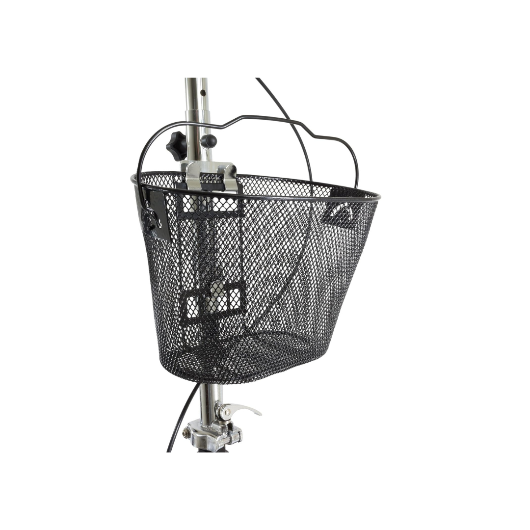 A black metal mesh basket with mounting brackets and adjustable hardware, designed for the Roscoe Portable Lightweight Rolling Knee Walker, attaches to a vertical pole for convenient storage on your mobility aid.