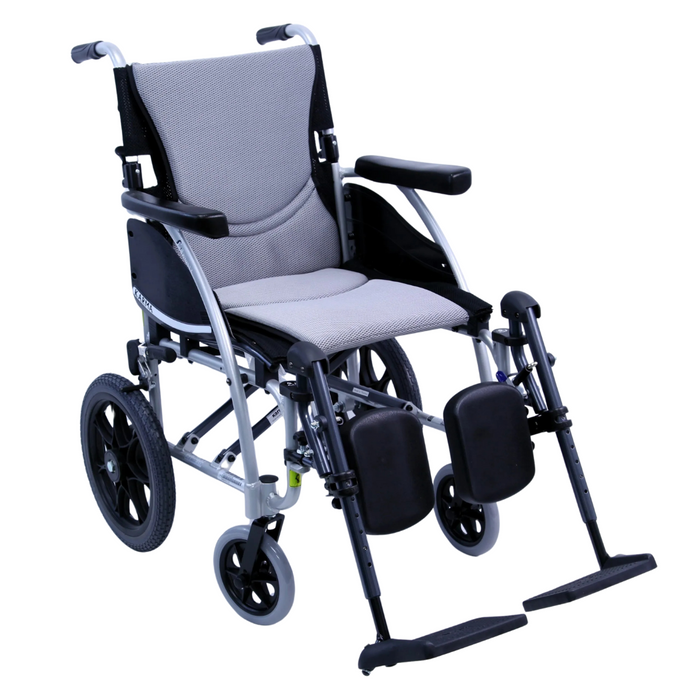 The Karman S-Ergo 115 is an ultra-lightweight, foldable transport wheelchair with a gray seat and backrest. It includes black armrests, adjustable footrests, four wheels, and larger rear wheels for enhanced mobility.