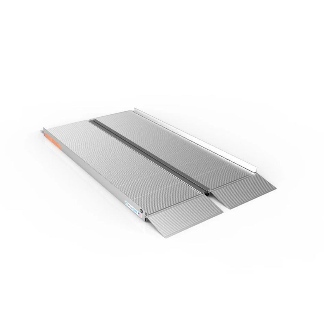 The EZ-Access SUITCASE® Singlefold Mobility Ramp is a portable, foldable metal ramp with a non-slip surface and raised edges for safe access over steps or curbs. Includes warranty and specs. Shown extended on a white background.
