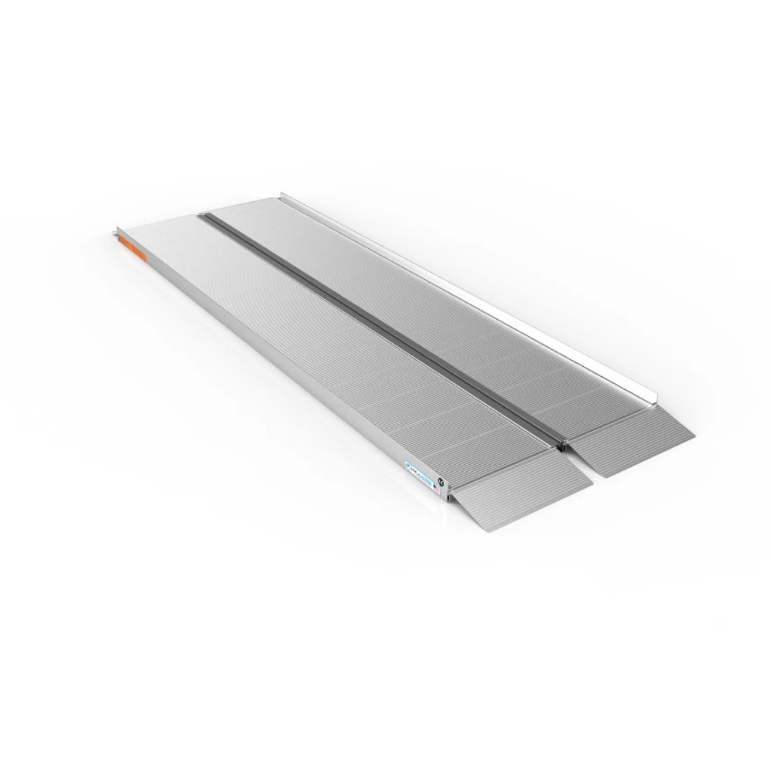 The EZ-Access SUITCASE® Singlefold Mobility Ramp is a portable aluminum ramp with a textured, non-slip surface, raised edges, and a hinged foldable design. Shown at an angle on a white background. Warranty and specs available.