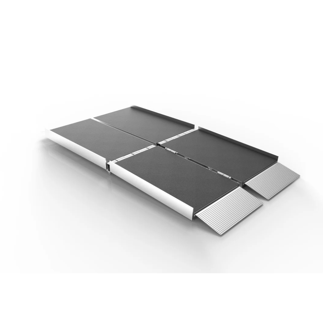 The EZ-Access SUITCASE® TRIFOLD® Portable AS Ramp, made from aircraft-grade aluminum, features a foldable trifold design with a black non-slip surface and silver edges, shown fully extended on a white background.