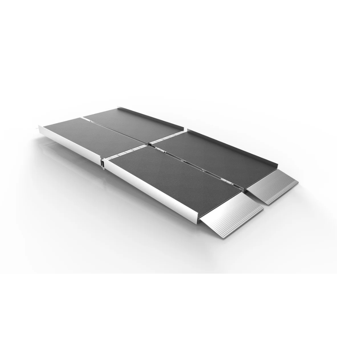 The EZ-Access SUITCASE® TRIFOLD® Portable AS Ramp, made of black and silver aircraft-grade aluminum with a segmented, trifold design and small ramps at both ends, is shown on a white background.