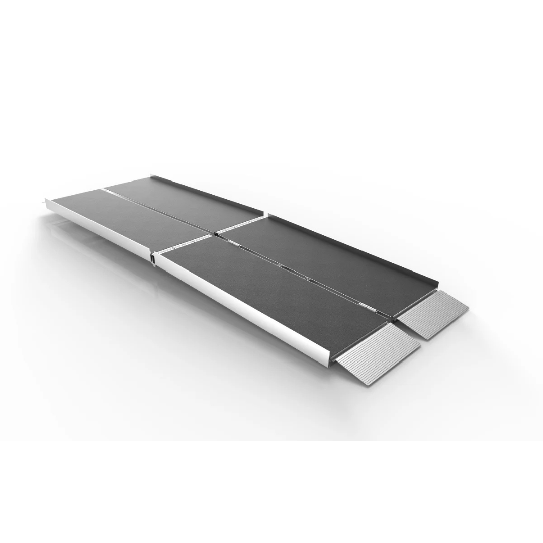 The EZ-Access SUITCASE® TRIFOLD® Portable AS Ramp, made from aircraft-grade aluminum with a non-slip black surface and raised edges, is shown unfolded and lying flat on a white background.