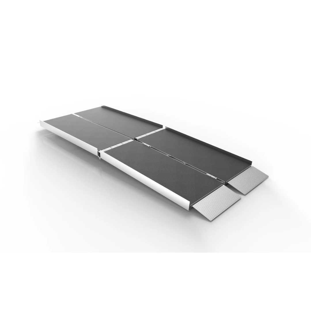 The EZ-Access SUITCASE® TRIFOLD® Portable AS Ramp, featuring a black non-slip surface and silver edges, is made from aircraft-grade aluminum and shown fully extended on a white background.