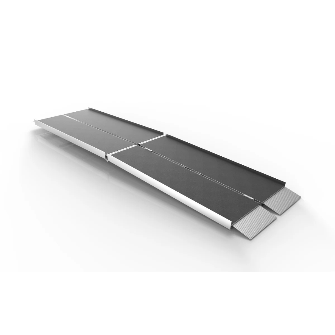 The EZ-Access SUITCASE® TRIFOLD® Portable AS Ramp is lightweight and portable, with a slip-resistant surface and white edges. Shown fully extended, it includes small ramps at both ends against a white background.