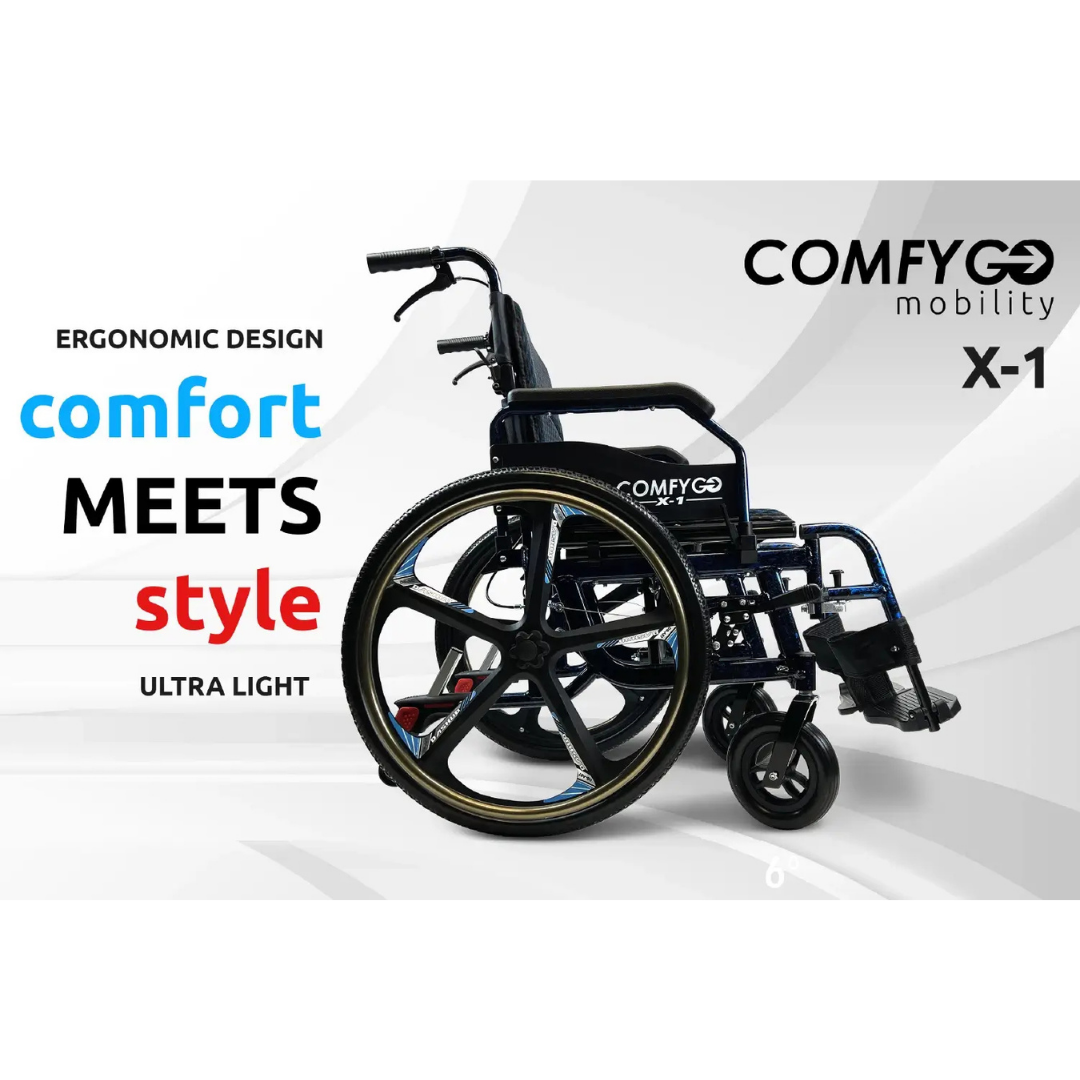 The black ComfyGo X-1 Lightweight Manual Wheelchair with Quick-Detach Wheels is shown on a white background. Text: ERGONOMIC DESIGN, mobility comfort meets style, ULTRA LIGHT, durable materials, COMFYGO mobility, X-1.