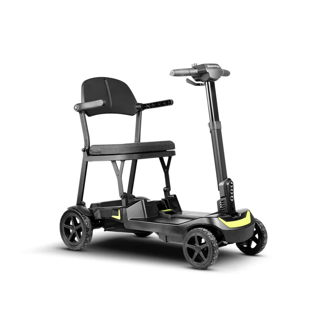 The ScootNGo Lite Portable Folding Scooter is a compact black four-wheeled mobility scooter with a seat, backrest, armrests, handlebars, and yellow footrest accents; includes a detailed spec table for quick reference.