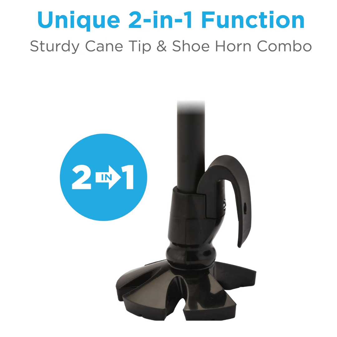 Close-up of a black Nova Walking Cane with Show Horn | 2-in-1 Shoe Helper & Walking Aid, featuring a wide, sturdy tip and an integrated shoe horn. Text above reads, Unique 2-in-1 Function, Sturdy Cane Tip & Shoe Horn Combo. A 2 in 1 icon is also visible.