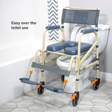 The ShowerBuddy SB7e Folding Shower Chair features armrests and footrests, designed for easy over-the-toilet use—an accessible option for comfort and convenience in the bathroom.