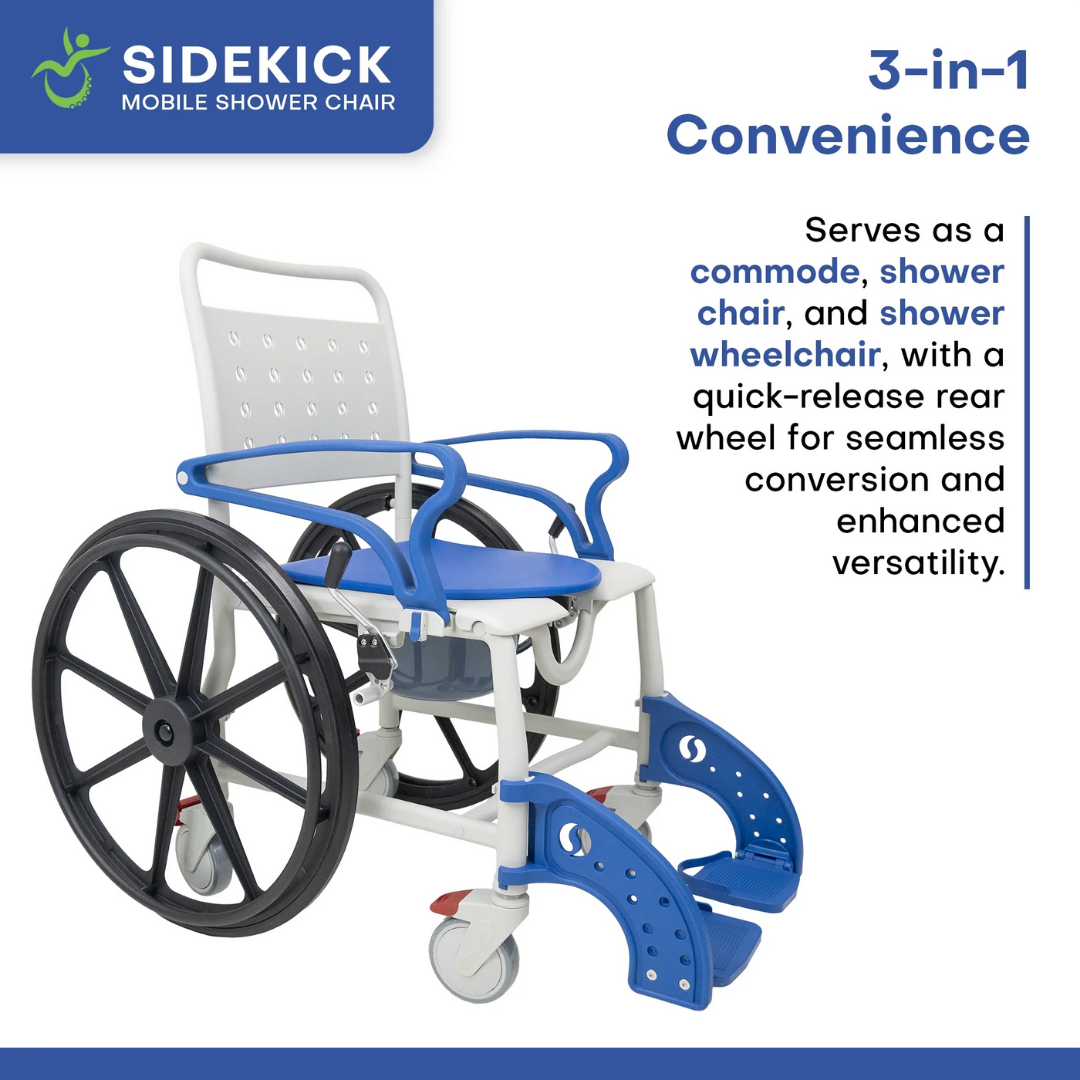 The Climbing Steps Sidekick Shower Chair with Commode Opening is a blue and white mobility aid featuring large rear wheels and footrests, functioning as a 3-in-1 commode chair, shower seat, and wheelchair for versatile bathroom support.